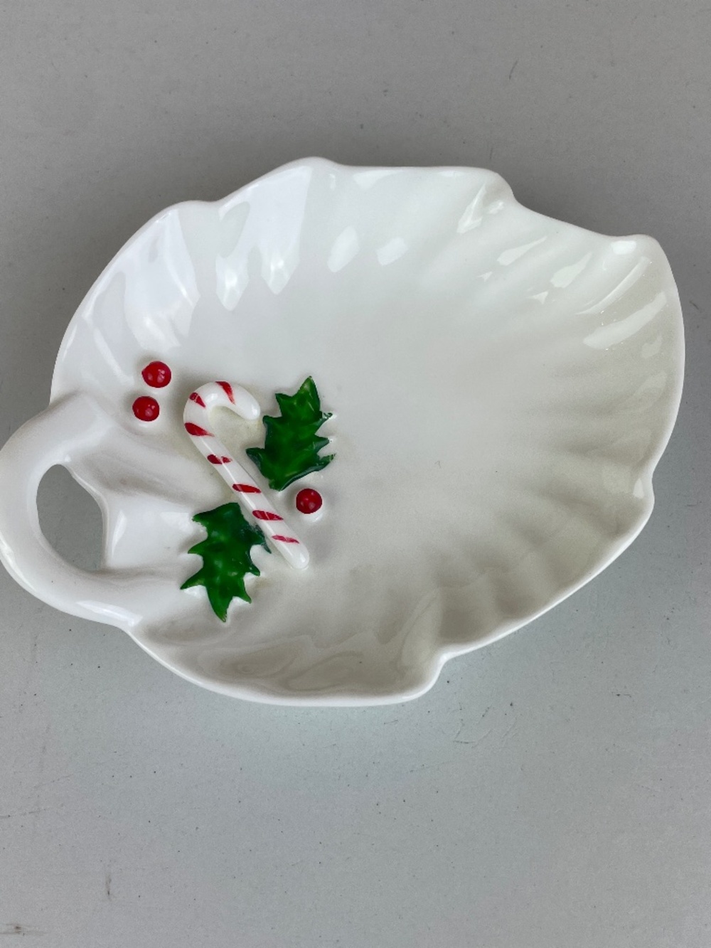 Vintage Lefton Christmas White Porcelain Trinket Ring Dish Candy Cane Holly